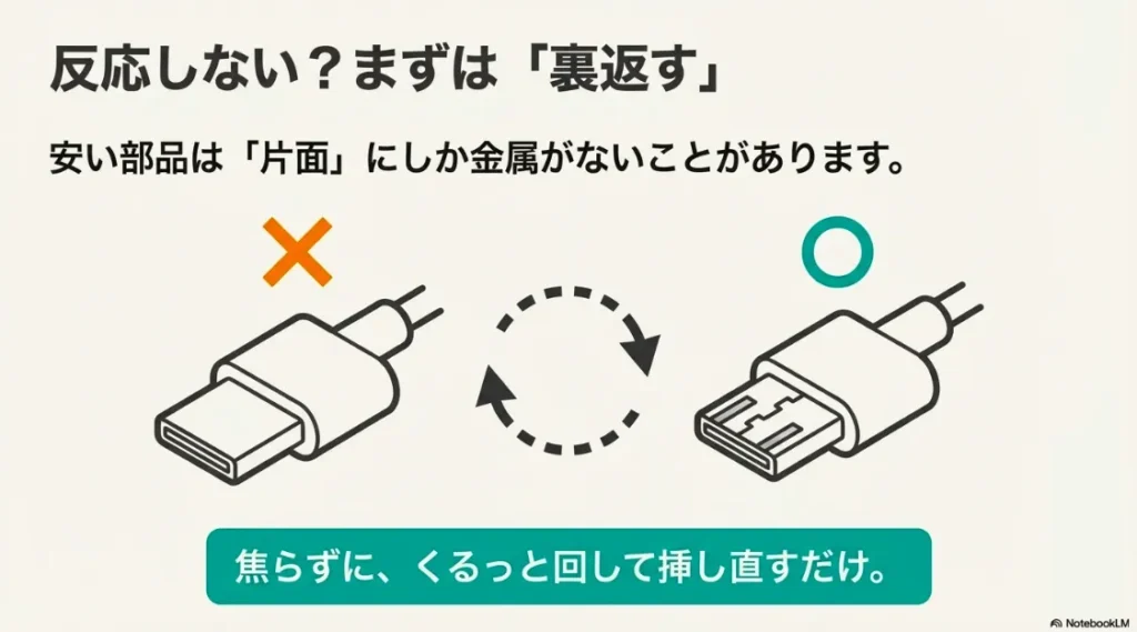 変換アダプタが反応しない時に、向きを裏返して挿し直す手順を説明するイラスト