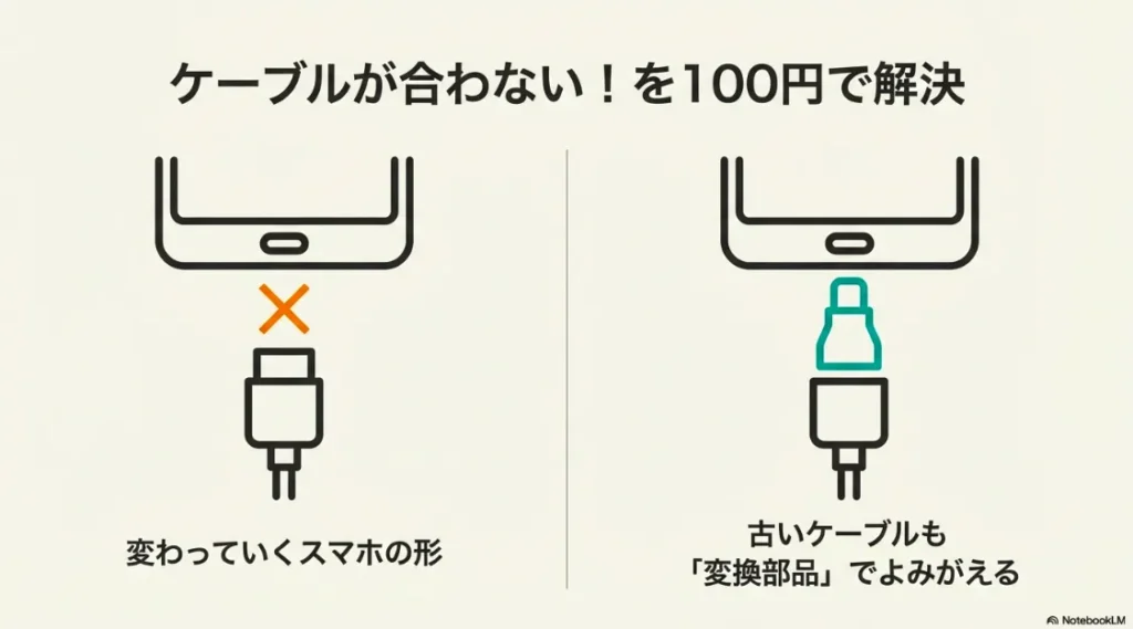 合わないケーブルを100円の変換部品で再利用できることを紹介するイメージ図