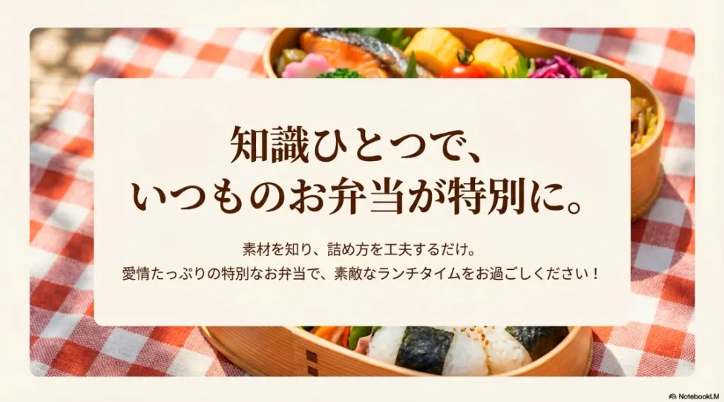 素材を知り詰め方を工夫するだけで、いつものお弁当が愛情たっぷりの特別なお弁当に変わるまとめメッセージ