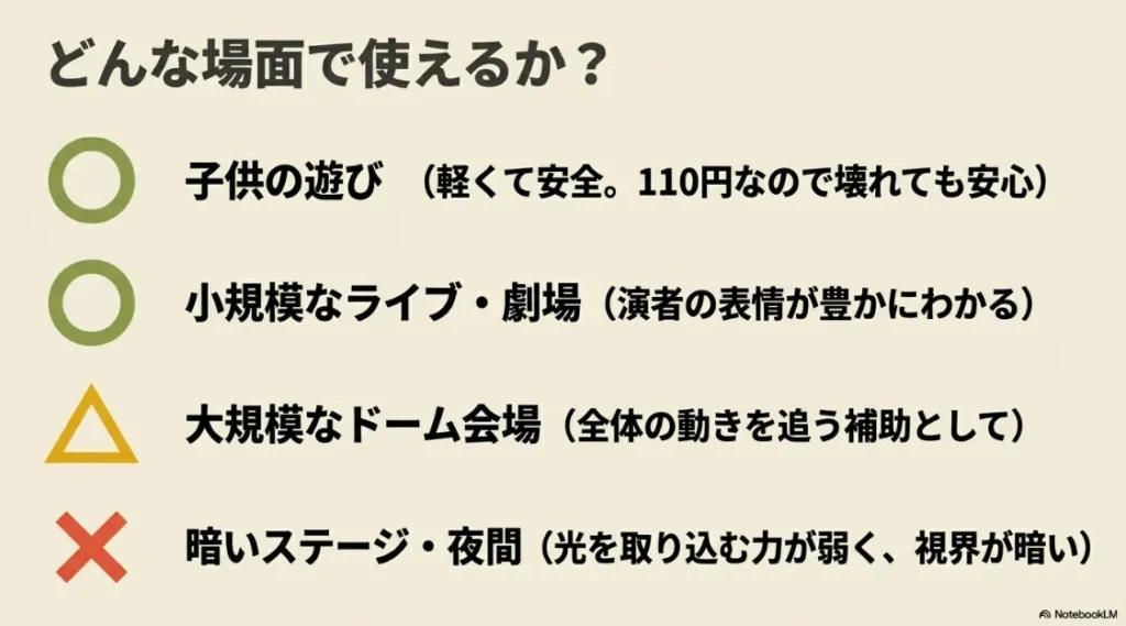 子供の遊びや小規模ライブには適しているが大規模ドームや暗いステージには不向きである解説