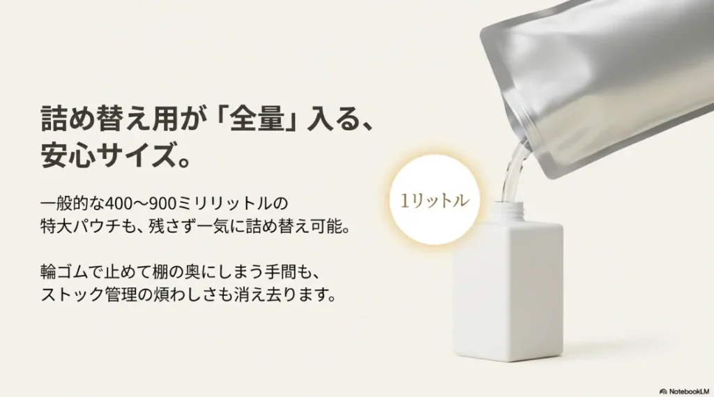 400mlから900mlの特大詰め替え用パウチも一気に全量入る1リットルサイズの安心感