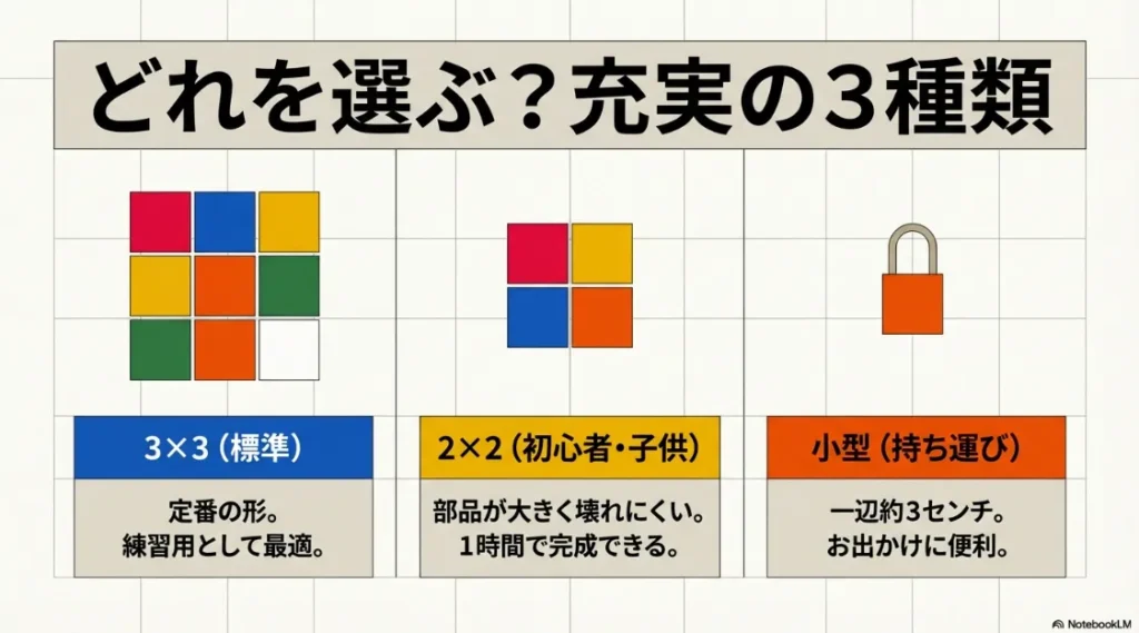 3x3標準型、2x2初心者向け、小型持ち運び用の3種類の比較表