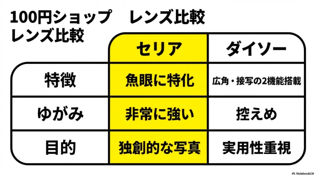 魚眼特化のセリアと実用性重視のダイソーレンズの特徴・歪み・目的の比較表