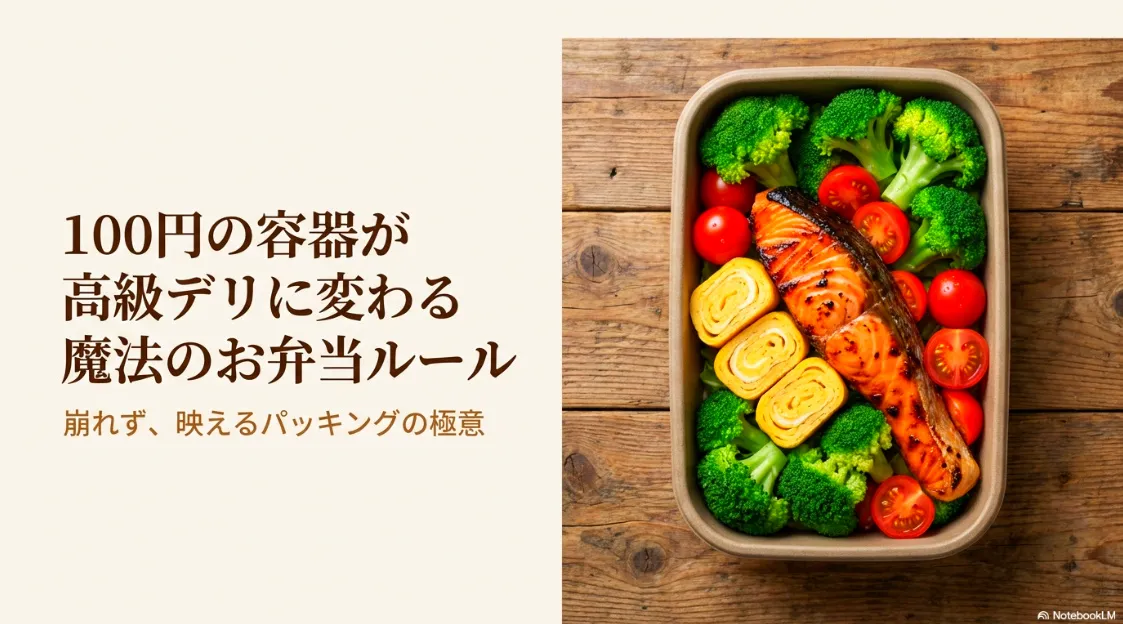 100円の使い捨て容器を高級デリ風に見せる魔法のルールとパッキングの極意を解説する表紙スライド