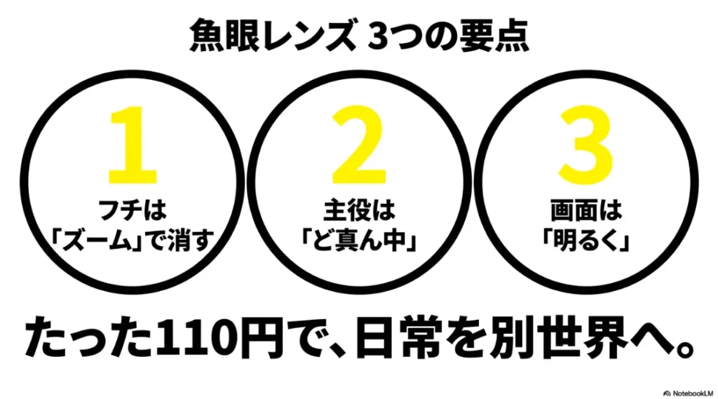 ズームでフチを消す、主役はど真ん中、画面は明るくの3つのポイントまとめ