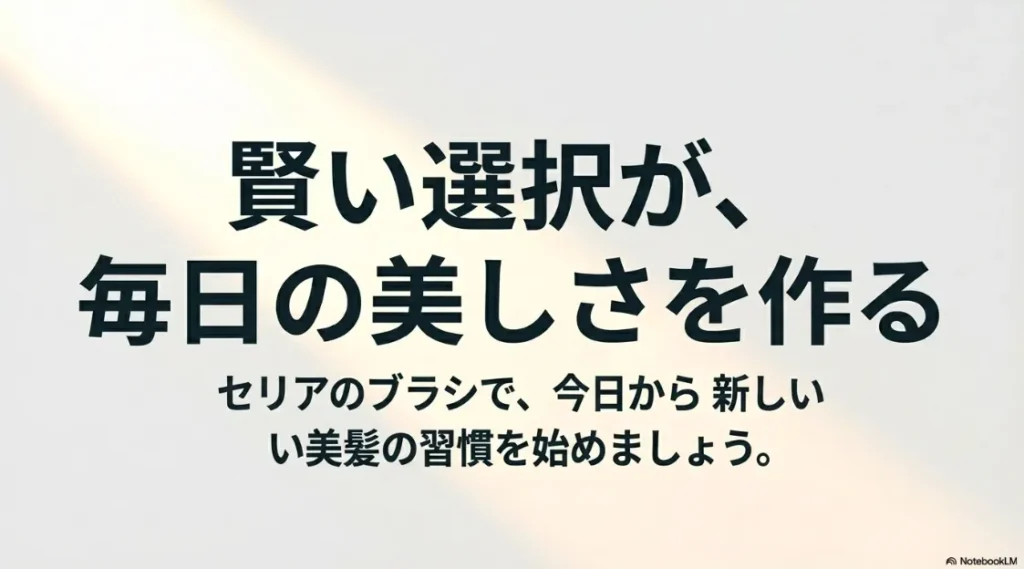 まとめ：セリアのブラシで今日から始める新しい美髪習慣。賢い選択が毎日の美しさを作るというメッセージ