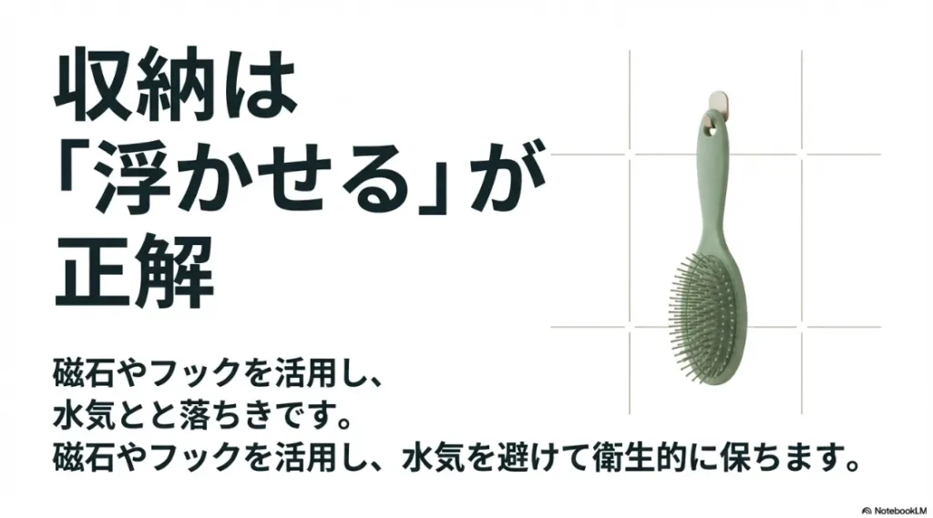 磁石やフックを活用したヘアブラシの「浮かせる収納」。水気を避けて衛生的に保つための正解を紹介