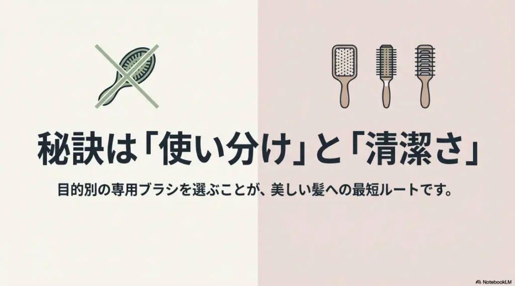 美髪の秘訣は「使い分け」と「清潔さ」にあり。目的別の専用ブラシを選ぶことが最短ルートであることを示すスライド