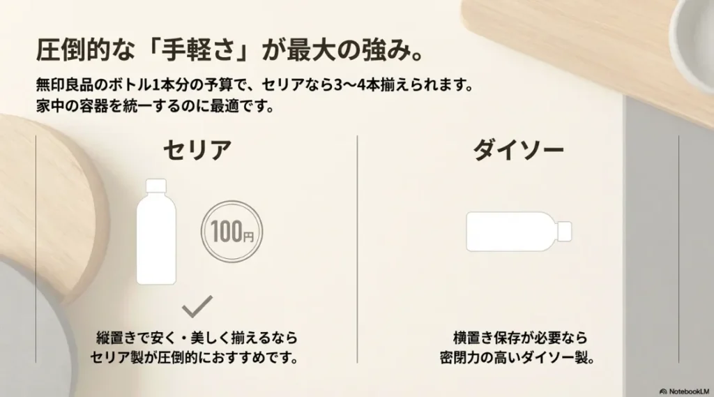 セリア、無印良品、ダイソーのボトルの価格や密閉性、推奨用途（縦置き・横置き）の比較