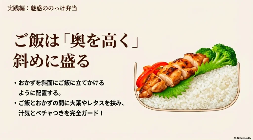 ご飯を奥高く斜めに盛り、おかずを立てかけるように配置して大葉で汁気をガードする詰め方