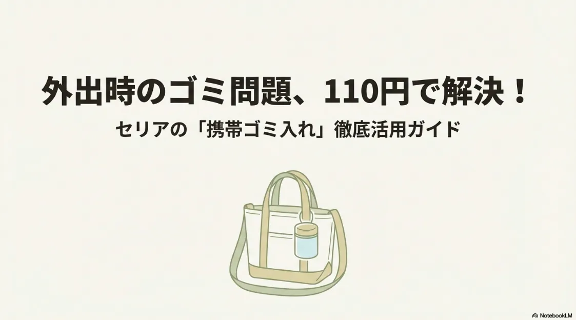 カバンの持ち手に取り付けられた、円柱形の清潔感のある「携帯ゴミ入れ」のイラスト