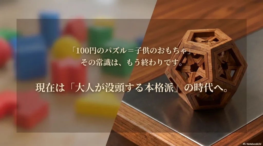 「100円のパズルは子供のおもちゃ」という常識が終わり、大人が没頭する本格派の時代になったことを示すスライド