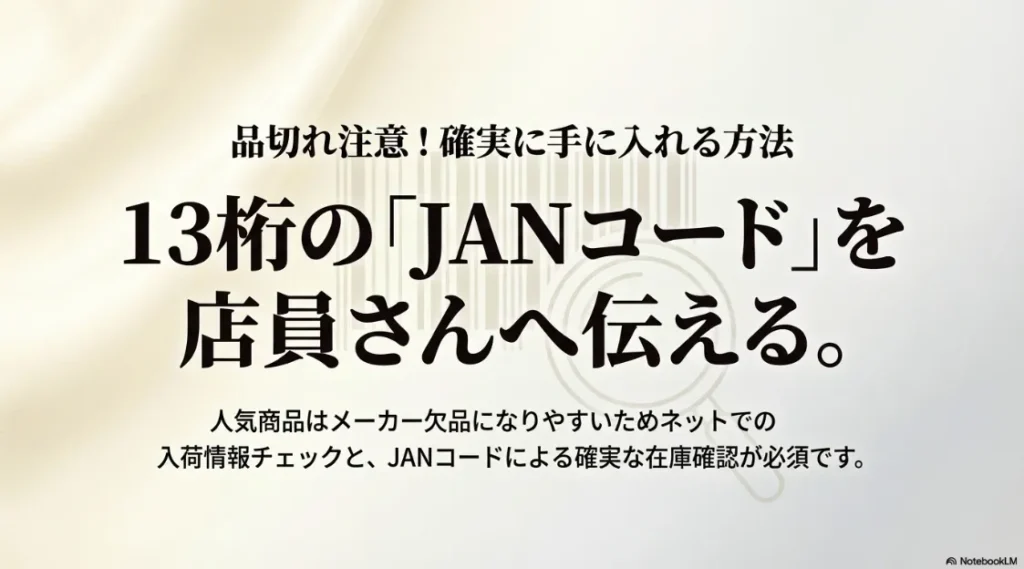 13桁のJANコードを店員に伝えて確実に在庫確認をする方法を説明するスライド