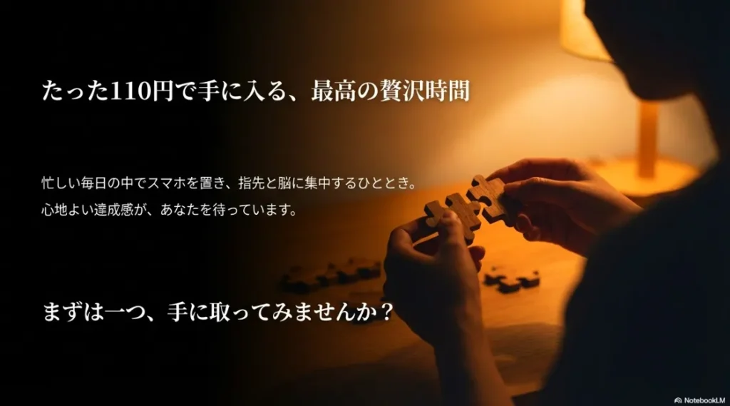 スマホを置き、指先と脳に集中する達成感を提案するまとめのスライド