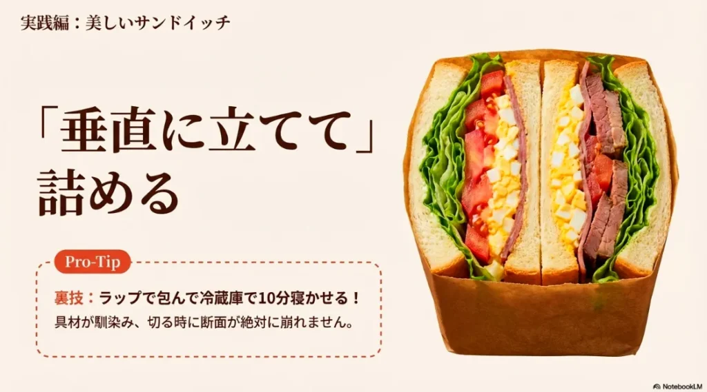 サンドイッチを垂直に立てて詰めるコツと、冷蔵庫で10分寝かせて断面を崩さないプロの裏技