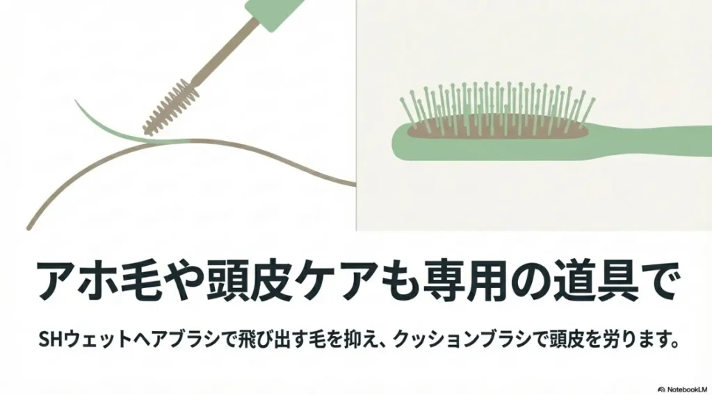 SHウェットヘアブラシでのアホ毛抑制と、クッションブラシによる頭皮ケアを推奨する専用道具の紹介