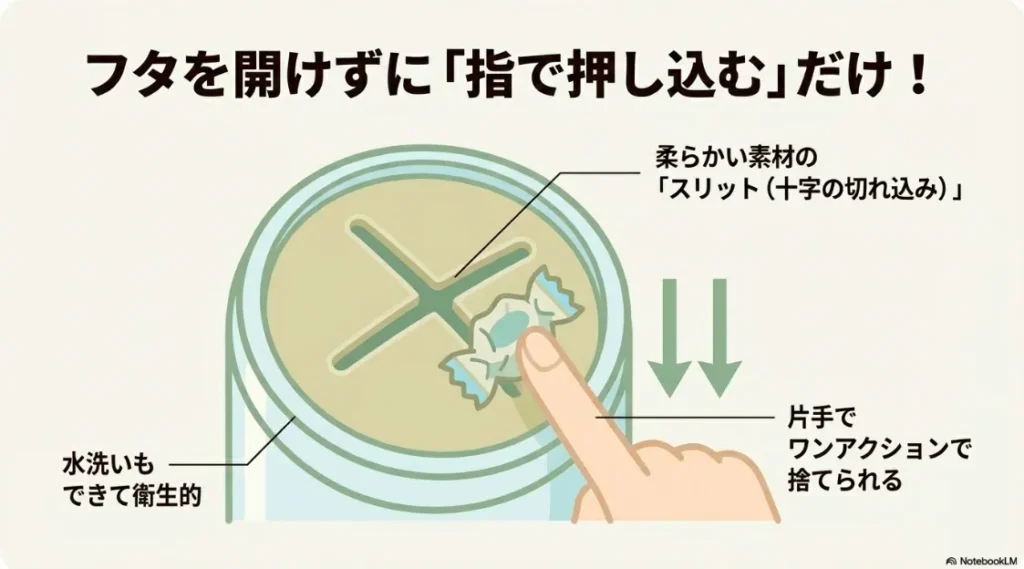十字の切れ込み(スリット)が入った柔らかい素材の投入口と、水洗い可能な本体の解説