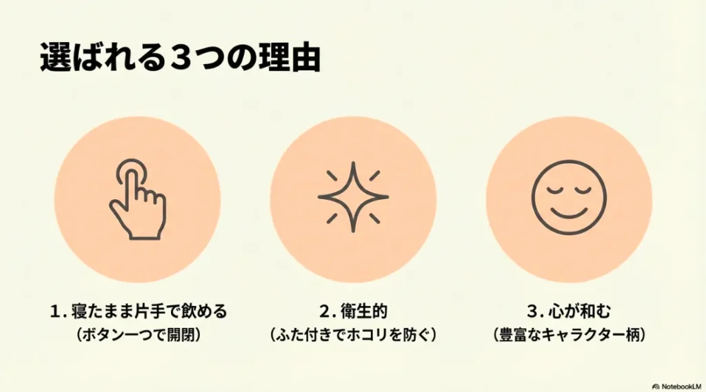 セリアが選ばれる3つの理由:1.寝たまま片手で飲める 、2.ふた付きで衛生的 、3.豊富なキャラ柄で心が和む