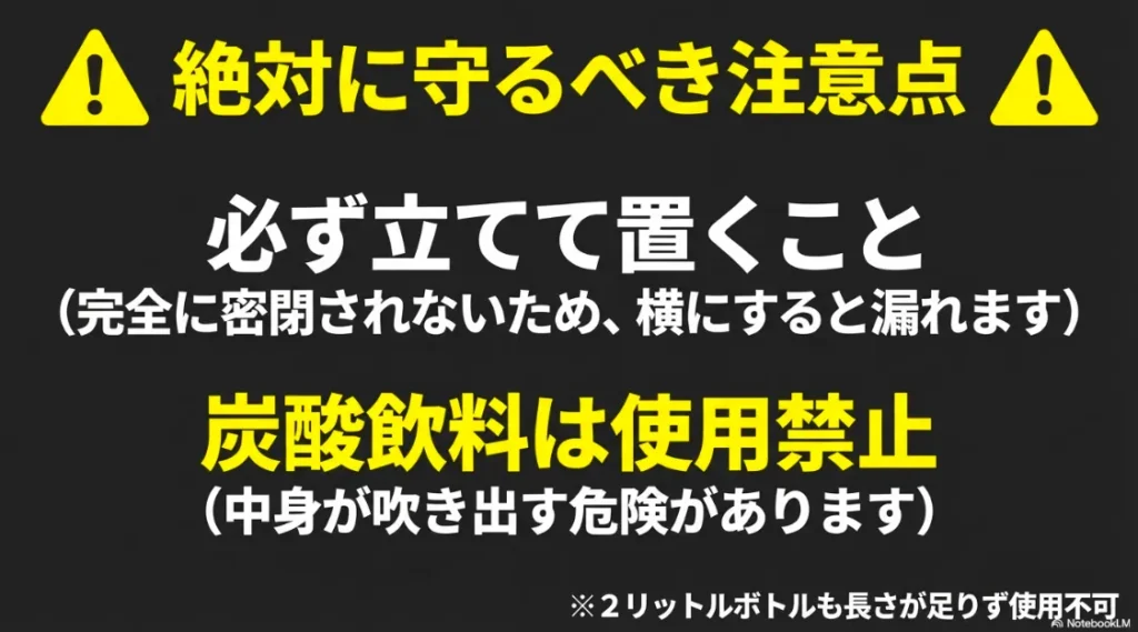 完全に密閉されないため必ず立てて置くこと 、噴き出す危険があるため炭酸飲料禁止 、2Lボトルは使用不可