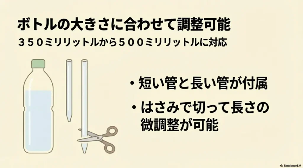 350ml〜500mlに対応 。短い管と長い管が付属し 、はさみで長さの微調整が可能