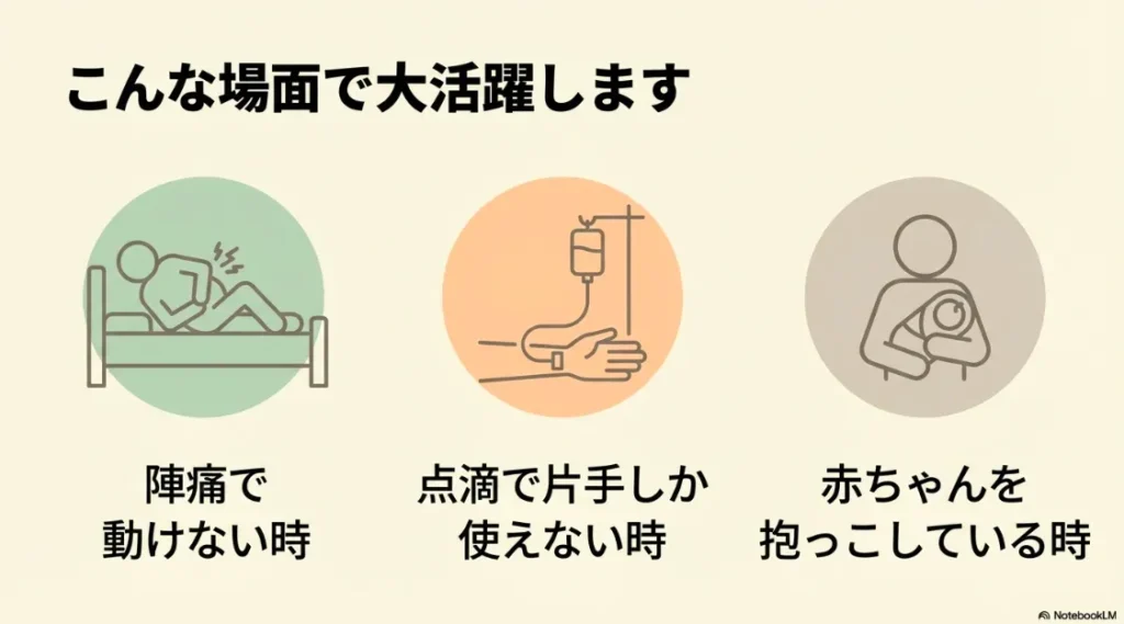 陣痛で動けない時 、点滴で片手しか使えない時 、赤ちゃんを抱っこしている時 の活用イメージ