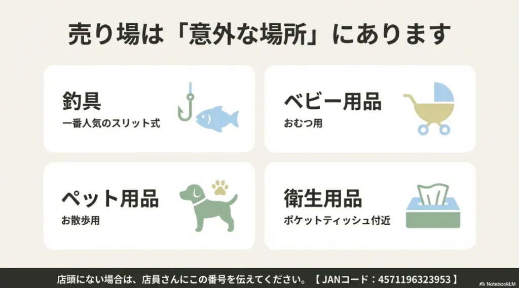 釣具・ベビー・ペット・衛生用品の各コーナー案内と、JANコード「4571196323953」の記載