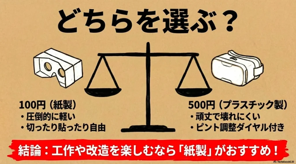 軽さと改造の自由度が高い紙製と、頑丈でピント調整可能なプラスチック製モデルの比較表
