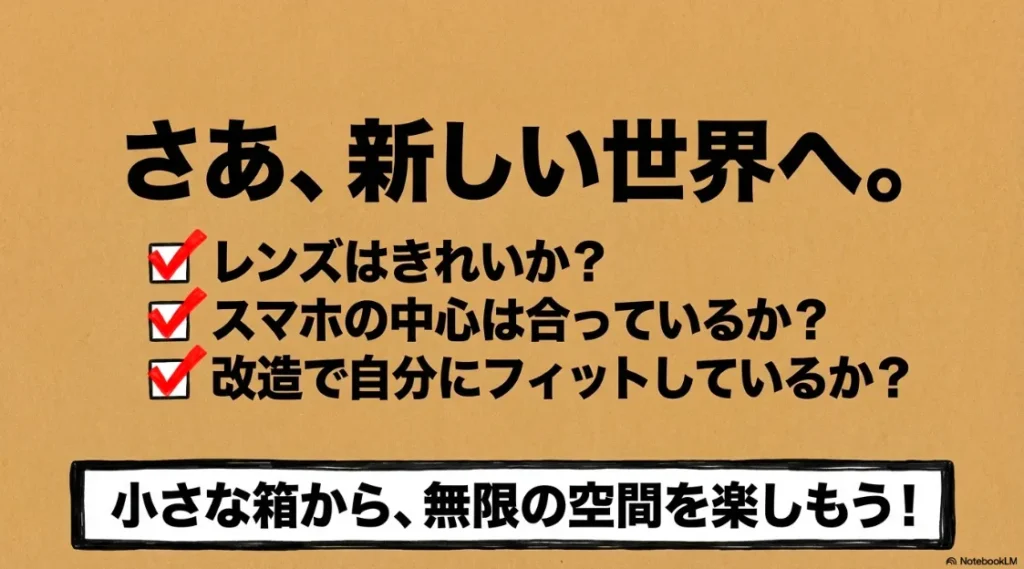 レンズの清掃、スマホの中心合わせ、自分にフィットする改造ができているかの確認リスト