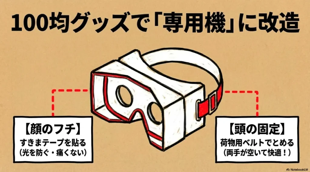 すきまテープでの光遮断と荷物用ベルトでのヘッドバンド化による快適なVR体験の作り方