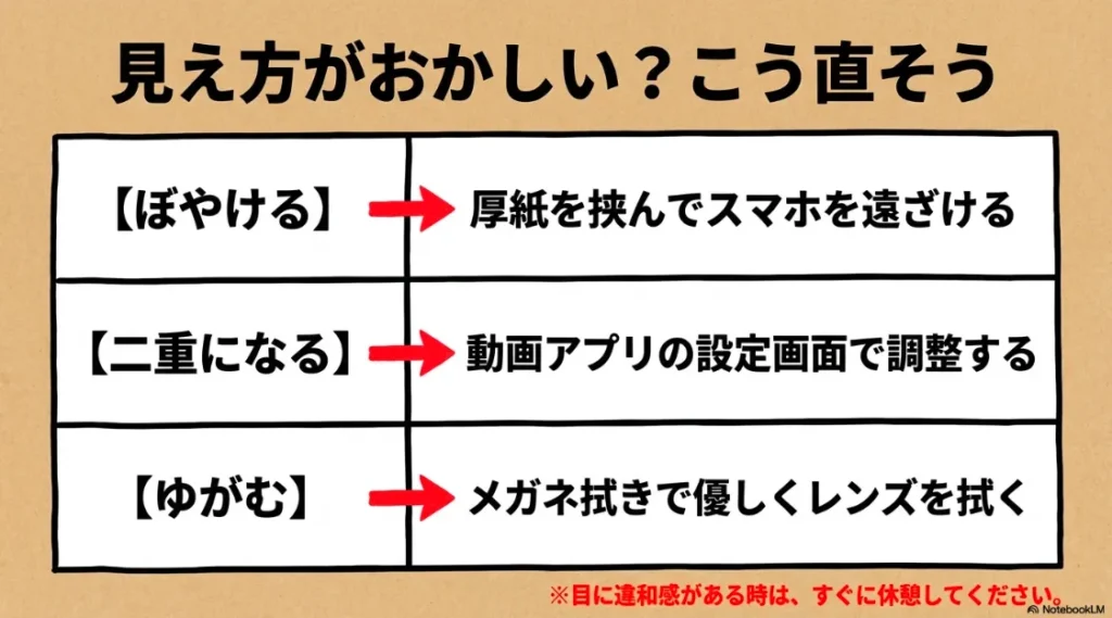 厚紙での距離調整やアプリ設定での二重映像解消など、VR映像トラブルの具体的な対処法