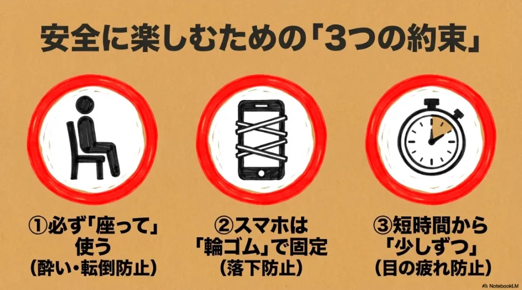 酔い防止の着席、落下防止の輪ゴム固定、疲れ防止の短時間利用というVR安全ガイド