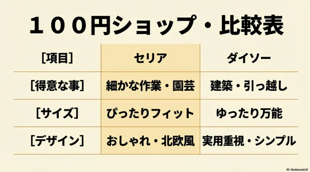 セリア（精密・園芸・おしゃれ）とダイソー（建築・万能・実用）の得意分野をまとめた比較表