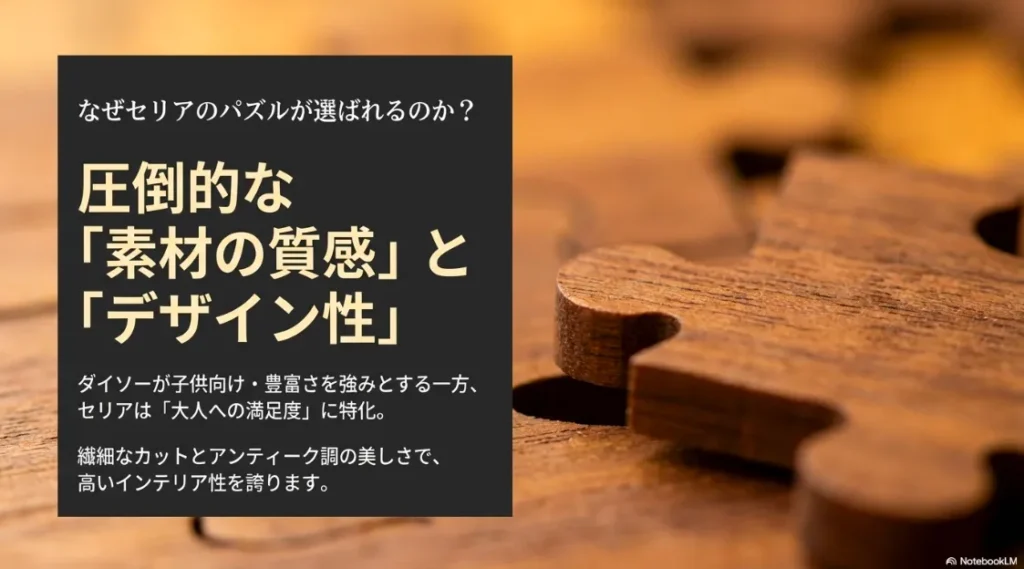 ダイソーが子供向けなのに対し、セリアは大人への満足度とデザイン性に特化していることを説明するスライド