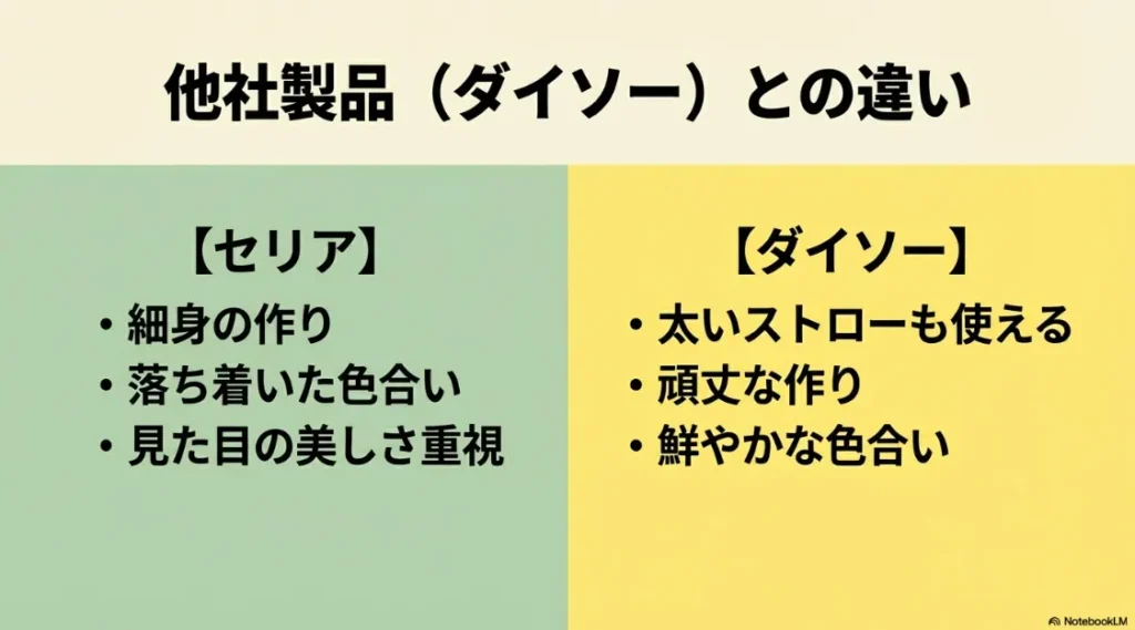 セリア(細身・落ち着いた色合い・美しさ重視)とダイソー(太ストロー可・頑丈・鮮やか)の比較