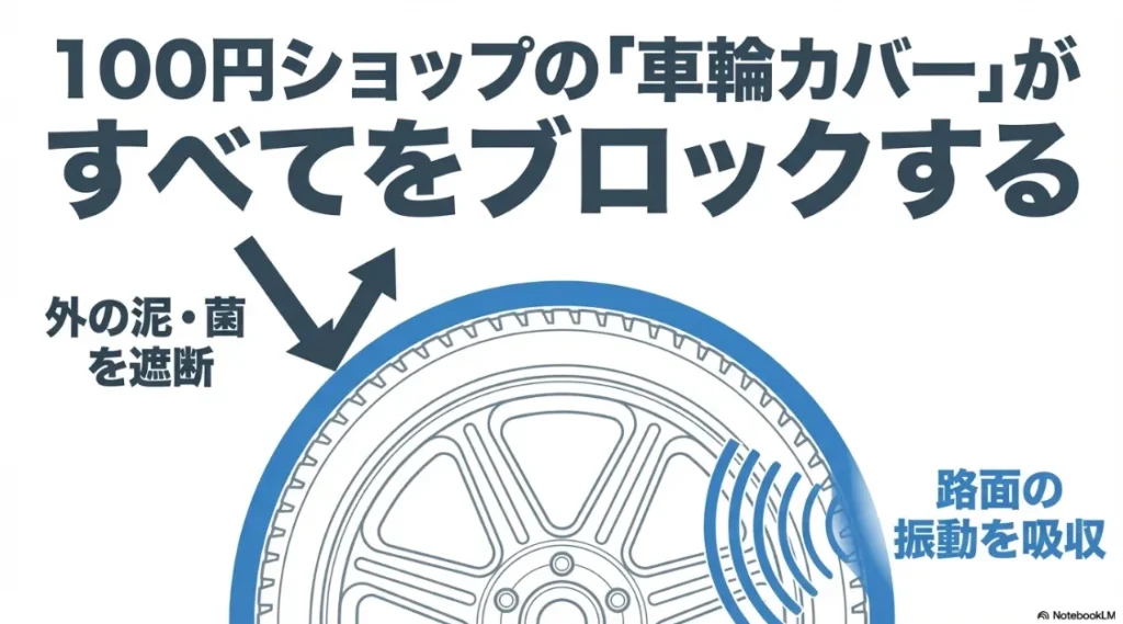 外の泥や菌を遮断し、路面の振動を吸収する100円ショップの車輪カバーの効果