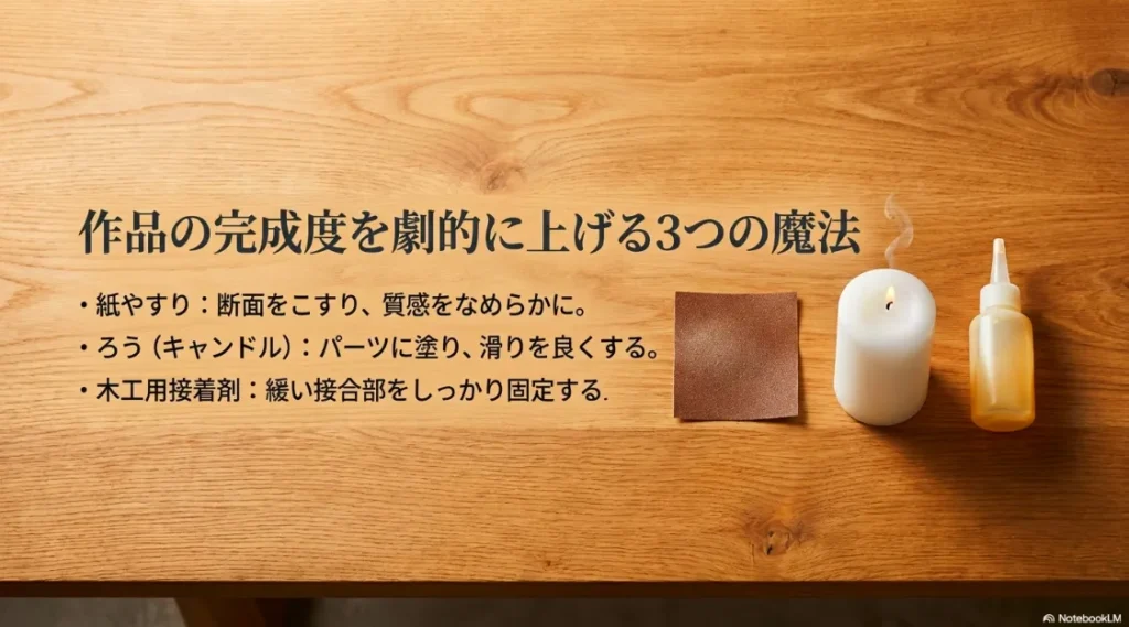 紙やすり、ろう、木工用接着剤を使ってウッドパズルの完成度を上げる方法を紹介するスライド