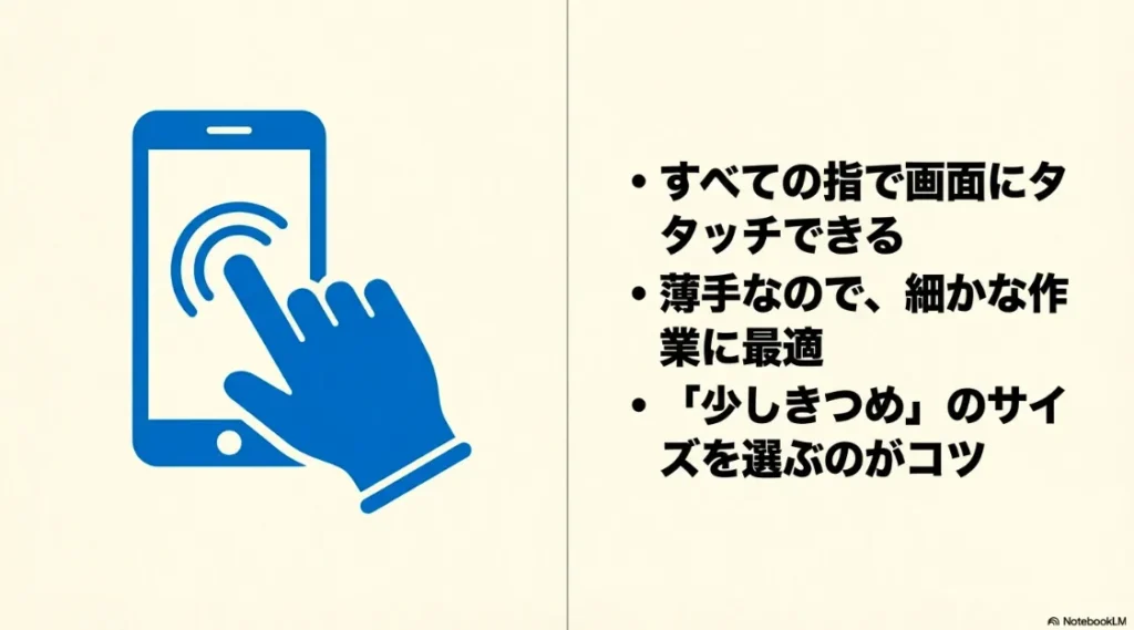 全ての指でタッチ操作可能な薄手手袋の紹介と、「少しきつめ」を選ぶサイズ選びのコツ