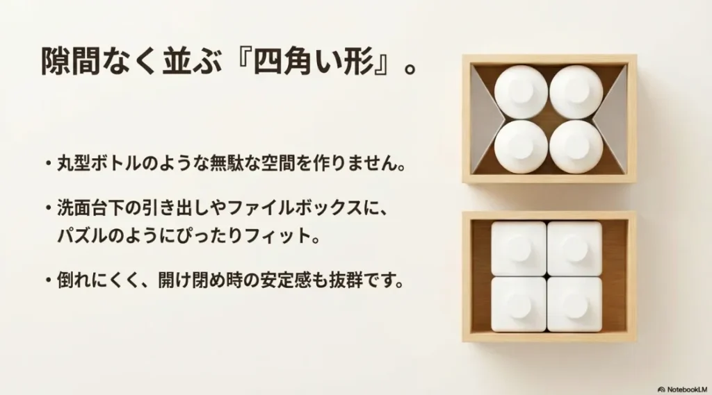 丸型ボトルと四角型ボトルの隙間（デッドスペース）の差と、パズルのようにフィットする収納例
