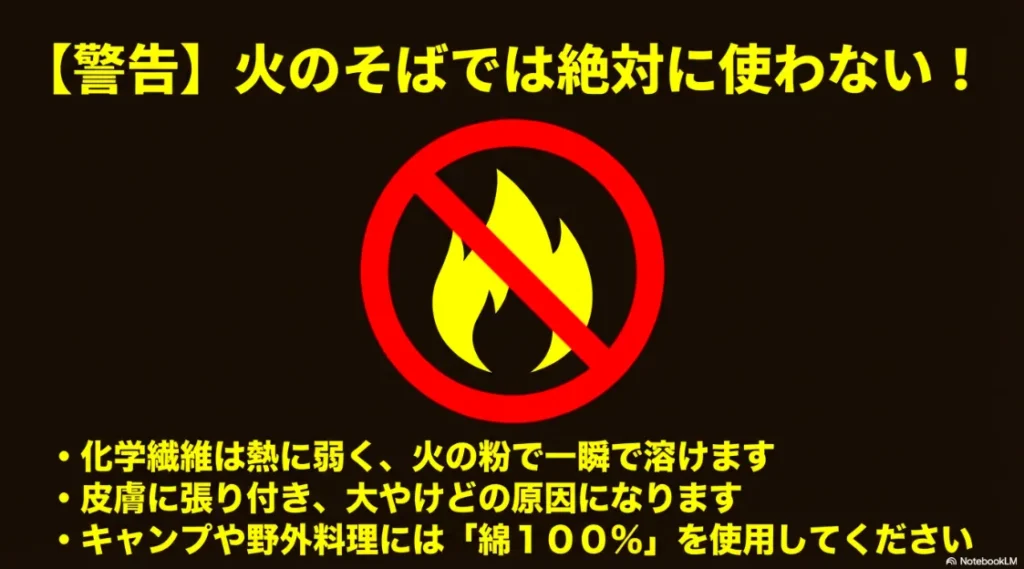 「火のそばでは絶対に使わない」という警告と、化学繊維が溶けて火傷するリスクの解説