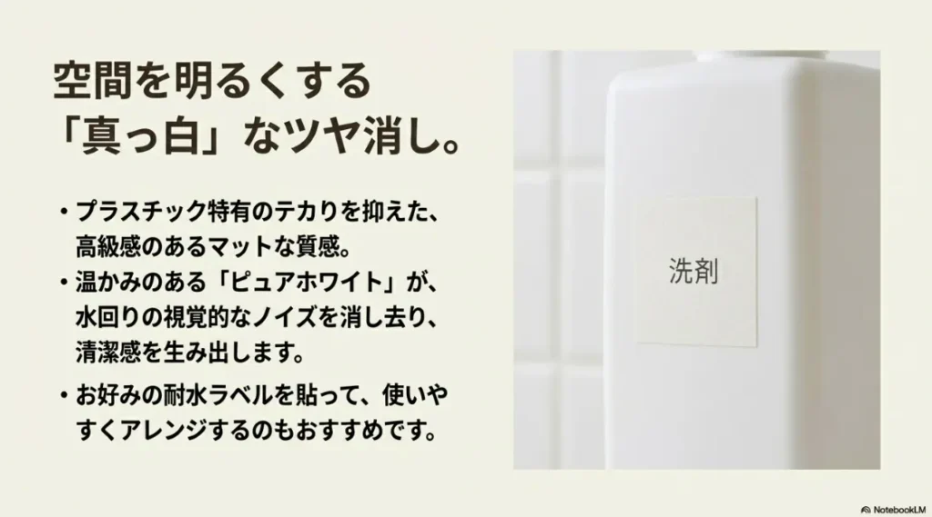 プラスチックのテカりを抑えた高級感のあるマットな質感と、温かみのあるピュアホワイトのデザイン