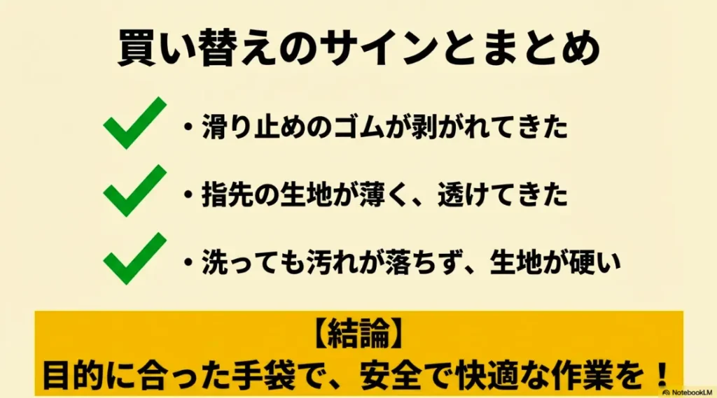 滑り止めの剥がれや生地の摩耗など、安全に使うための買い替えサイン3点とまとめ