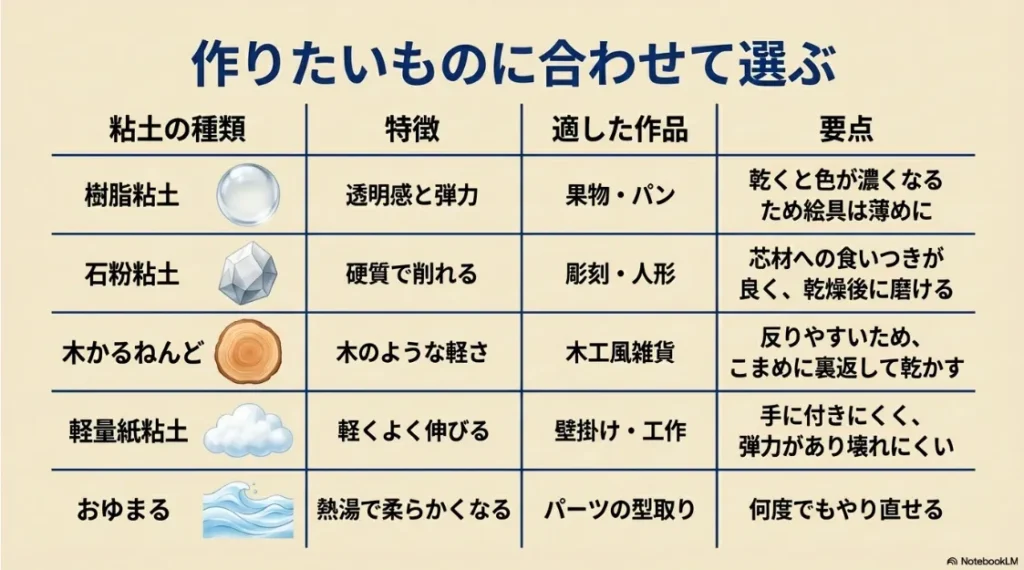 樹脂粘土、石粉粘土、木かるねんど、軽量紙粘土、おゆまるの特性と要点をまとめた表