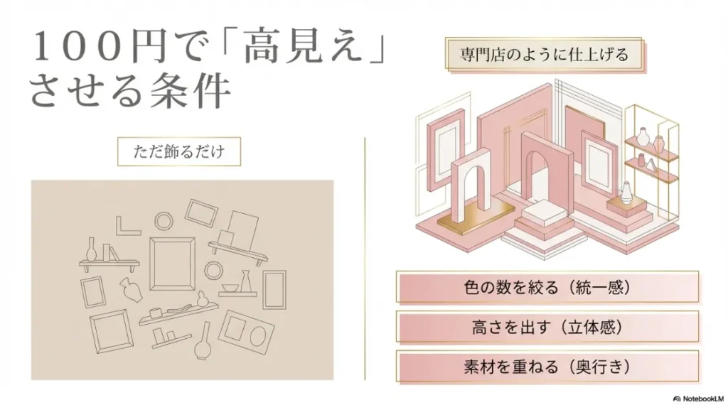 色の数を絞る（統一感）、高さを出す（立体感）、素材を重ねる（奥行き）という高見え装飾の基本3原則を解説したスライド