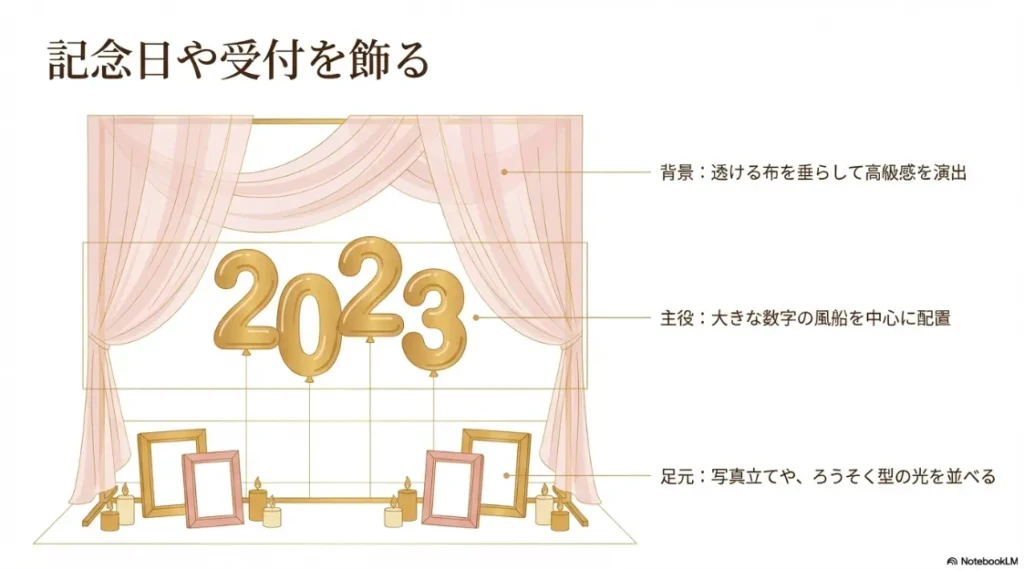 背景に透ける布を垂らし、中心に数字風船、足元に写真立てやキャンドルを配置した高級感のある装飾例のスライド