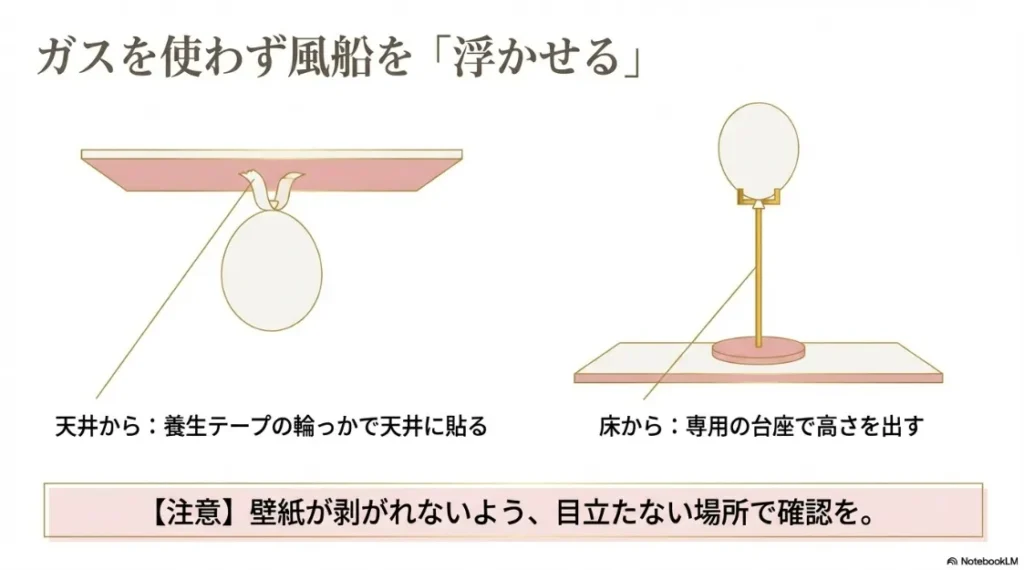 天井に養生テープで貼る方法や、専用台座で高さを出す方法など、ヘリウムガスなしで風船を演出するコツをまとめたスライド