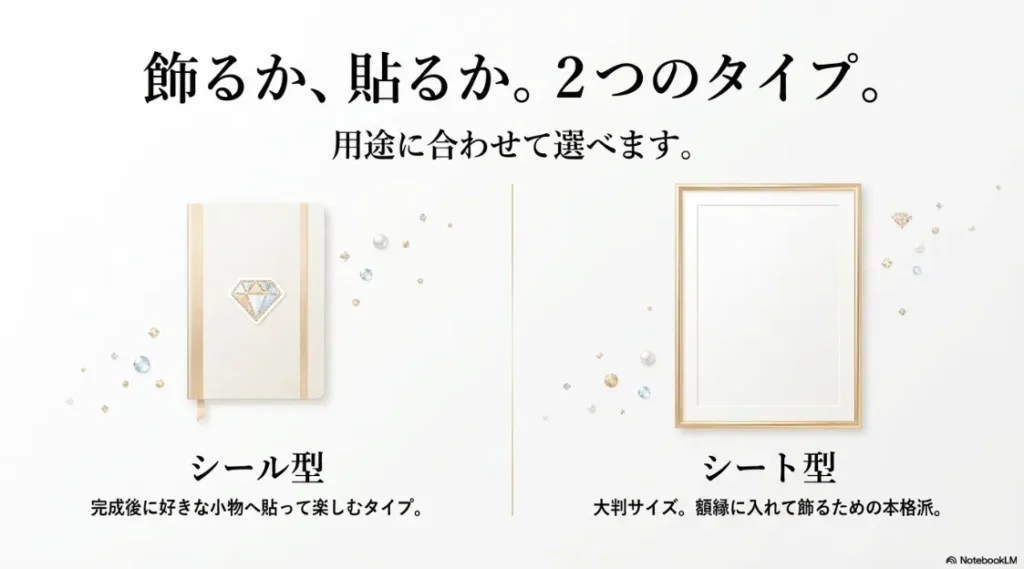 小物に貼って楽しめる「シール型」と、額縁に入れて飾る本格派の「シート型」の特徴を比較したスライド画像