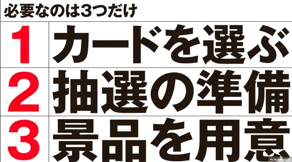 カード選び、抽選準備、景品用意というビンゴ大会に必要な3つの手順