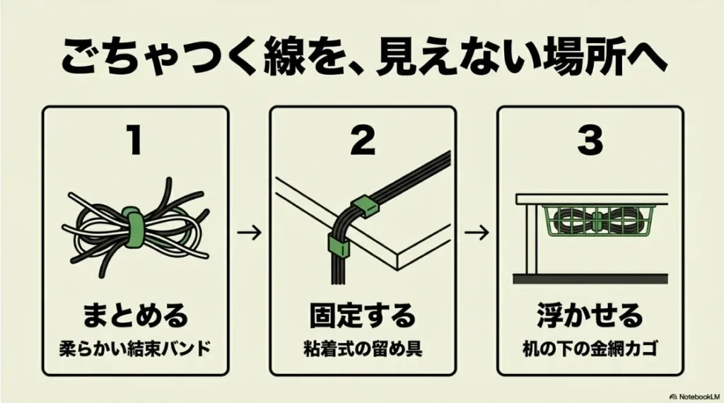 結束バンドと粘着式留め具、金網カゴで、ごちゃつく線を隠して浮かせる手順の図解