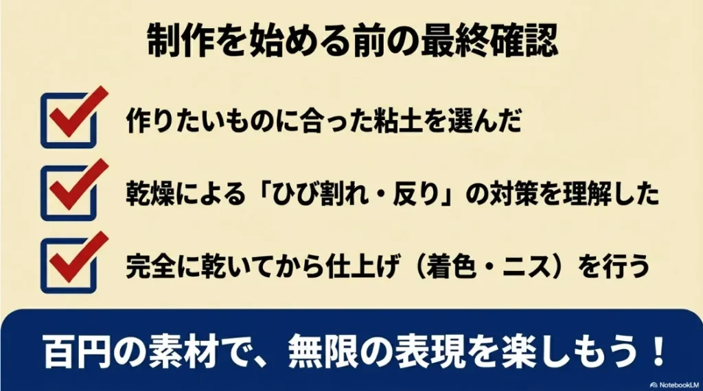 粘土の選択、ひび割れ対策、仕上げのタイミングに関する最終チェックリスト