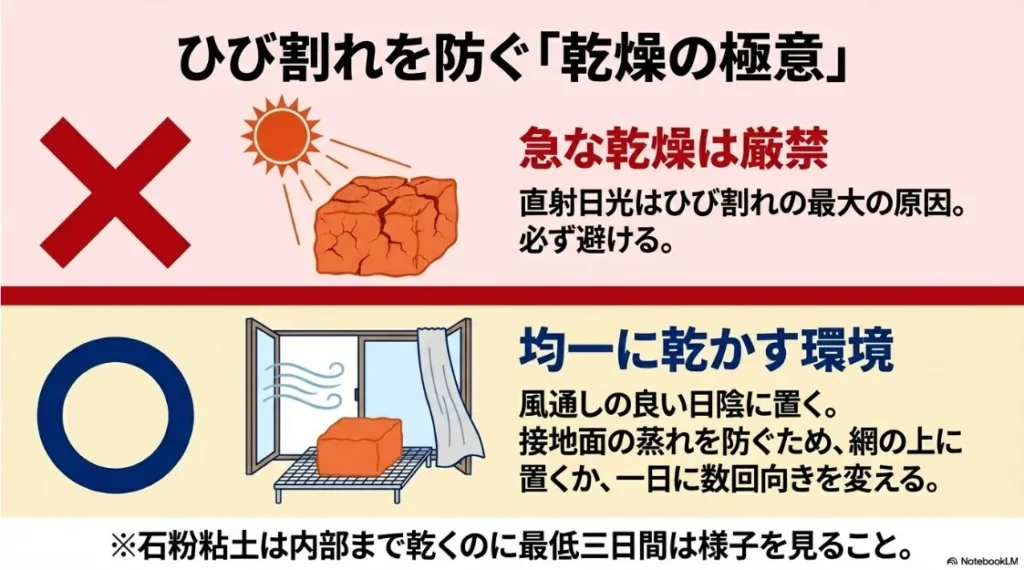 直射日光を避け、風通しの良い日陰や網の上で均一に乾燥させるための注意点
